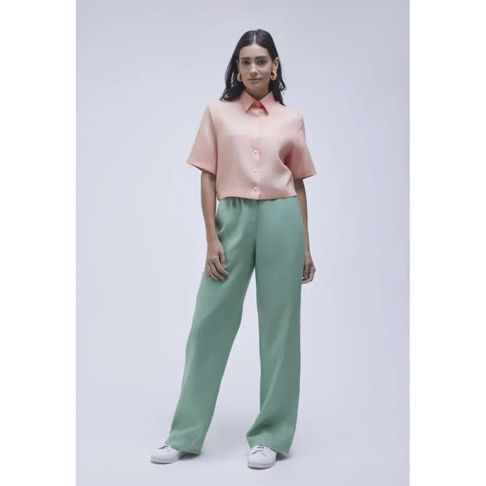 Camisa Lemon Cropped Manga Curta De Linho Peach
