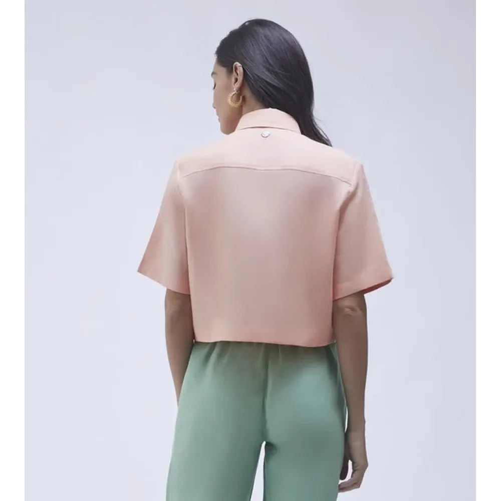 Camisa Lemon Cropped Manga Curta De Linho Peach