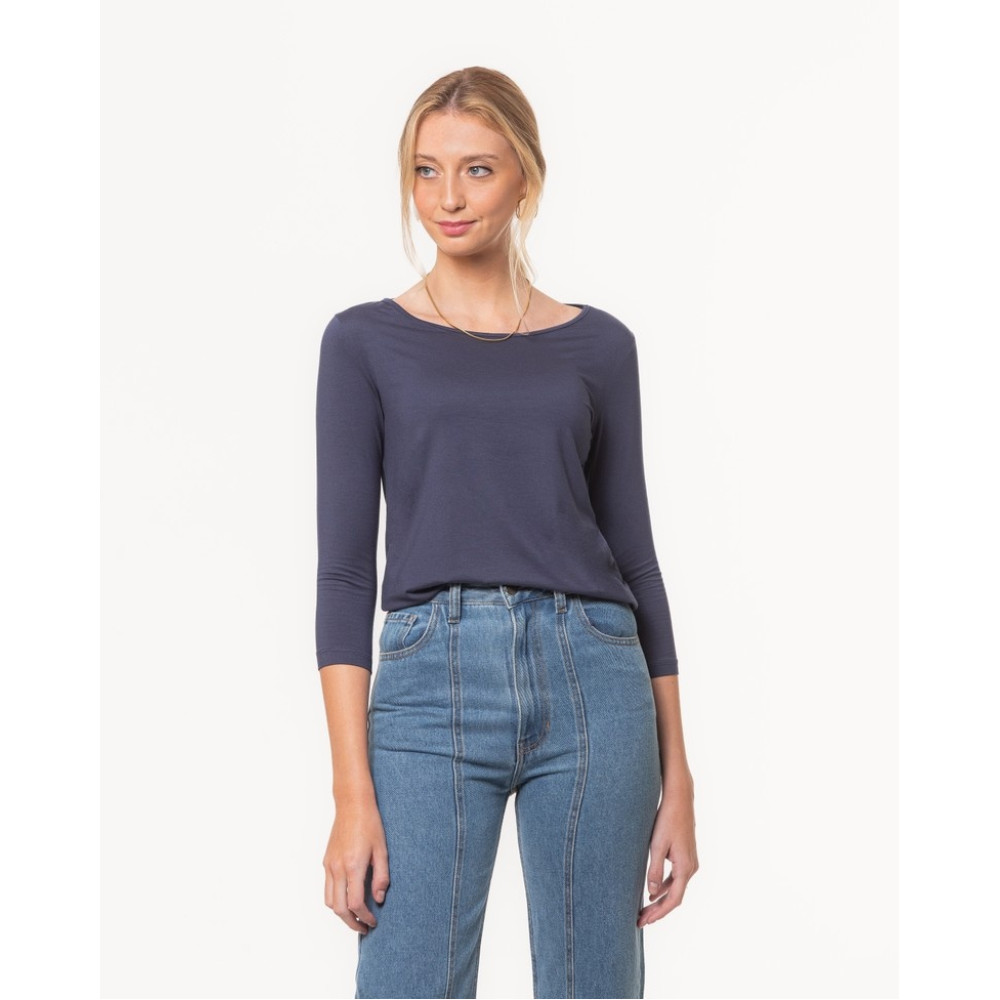 Blusa Lemon Manga 3/4 Decote Canoa Modal Marinho