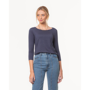 Blusa Lemon Manga 3/4 Decote Canoa Modal Marinho