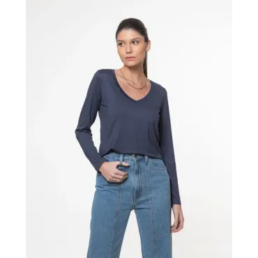 Blusa Lemon Manga Longa Gola V Modal Marinho