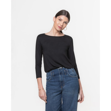 Blusa Lemon Manga 3/4 Decote Canoa Modal Preta