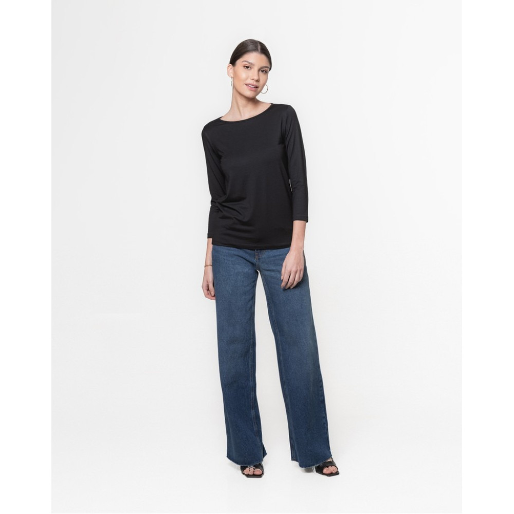Blusa Lemon Manga 3/4 Decote Canoa Modal Preta