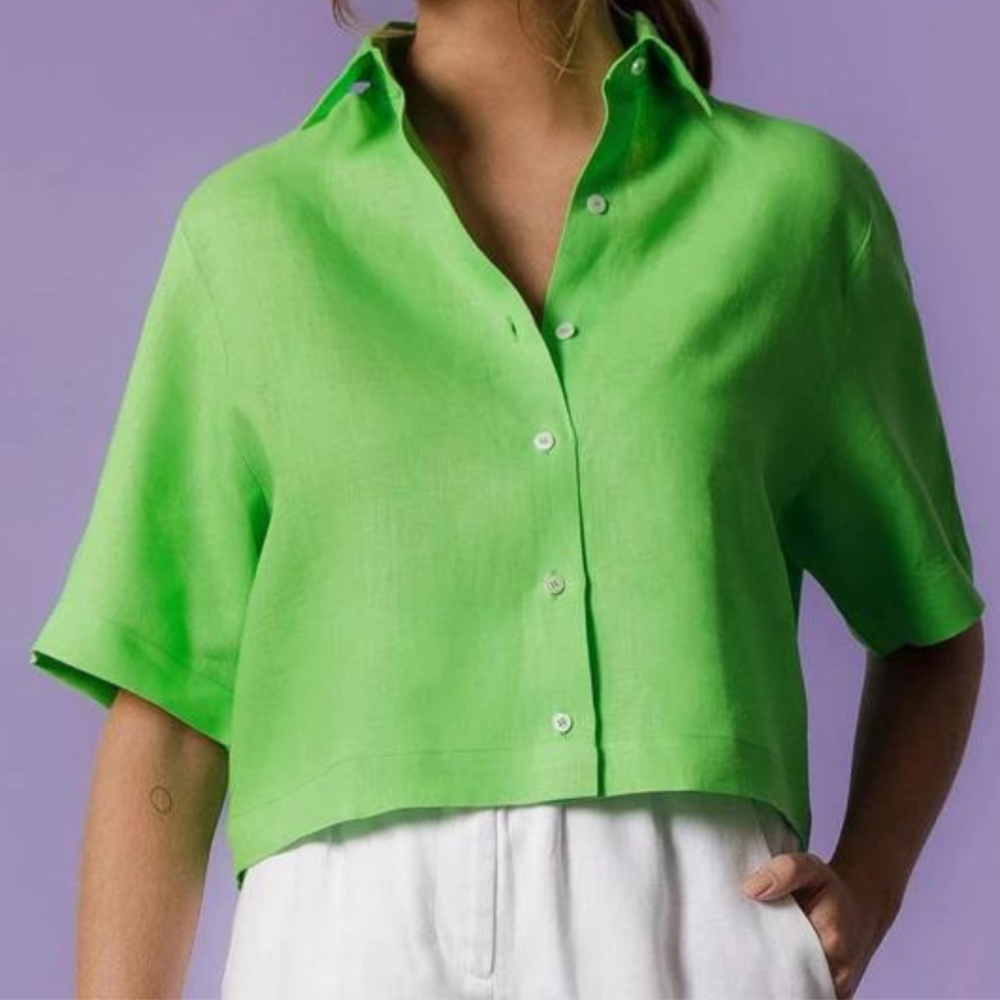 Camisa Lemon Cropped Manga Curta Linho Green Flash