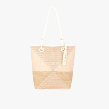 Bolsa Grande em Couro Off White e Ráfia Bege com Recortes Geométricos