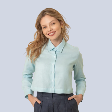 Camisa Cropped Manga Longa De Linho Soft Blue Lemon Basic