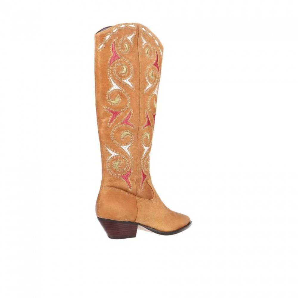 Bota Luiza Barcelos Western Cano Alto Bordados Caramelo