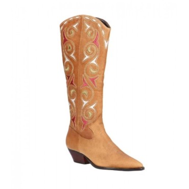 Bota Luiza Barcelos Western Cano Alto Bordados Caramelo