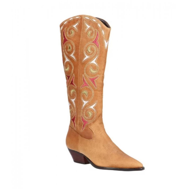 Bota Luiza Barcelos Western Cano Alto Bordados Caramelo